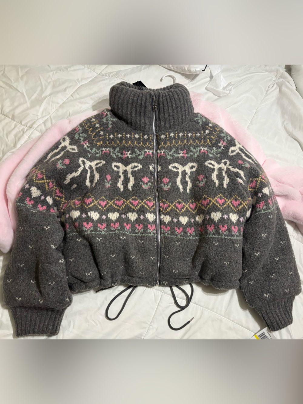 Blank NYC Gray Fair Isle Zip-Up Turtleneck Sweater with Pink Accents
